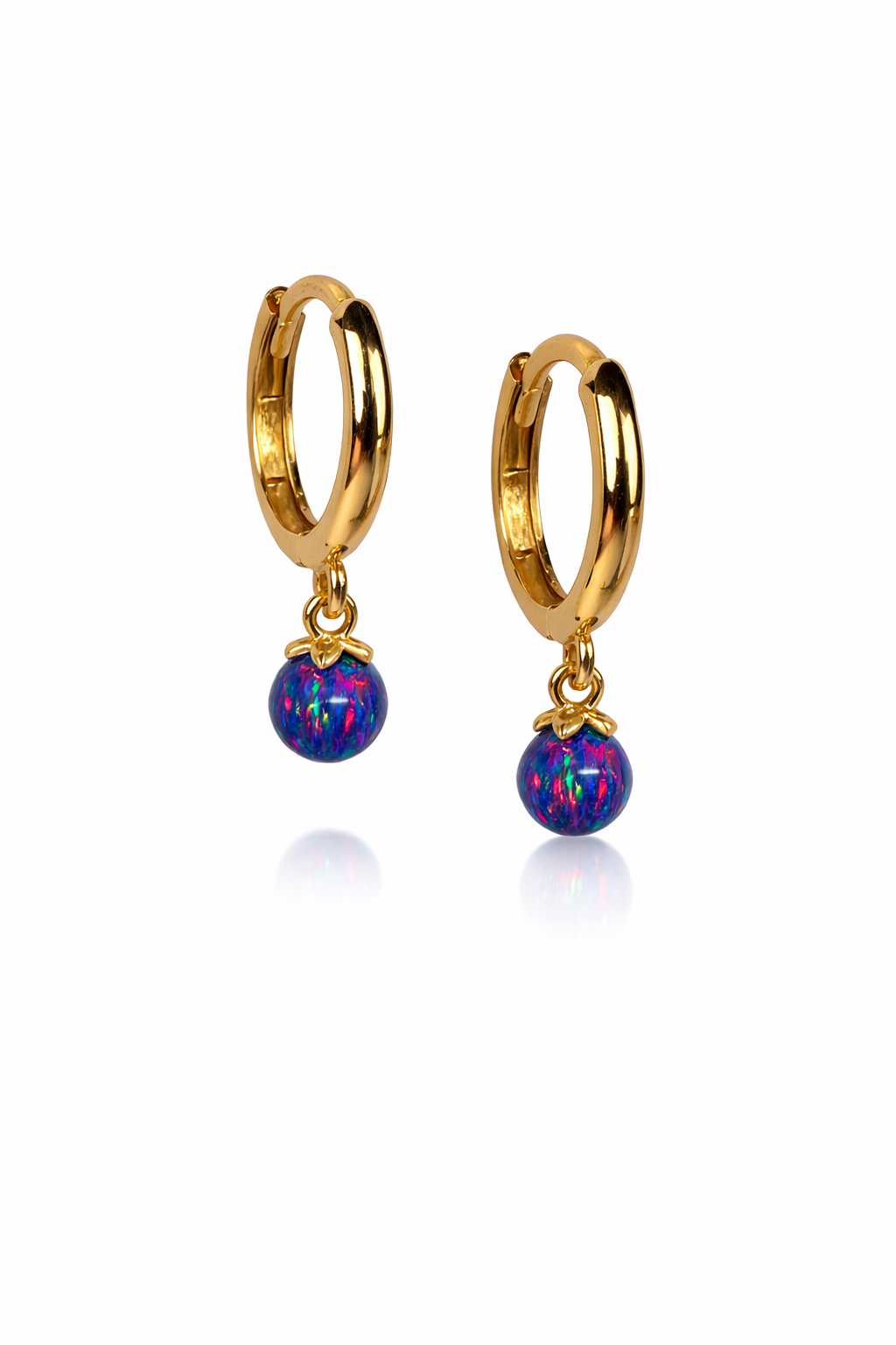 14k Yellow / White Gold Purple Opal Huggie Dangle Earrings