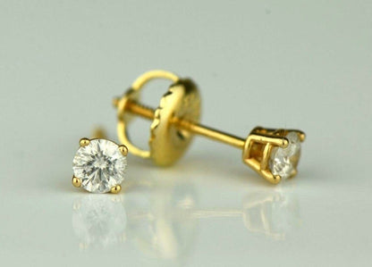 14k Yellow Gold Round Diamond Stud Earring with Screw Back .25 PT Tw.