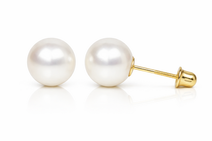 14K YELLOW GOLD ROUND GENUINE WHITE PEARL STUD EARRINGS SCREW BACKS