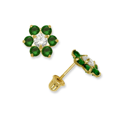 14k Yellow Gold CZ Flower Birthstone Stud Screw Back Earrings