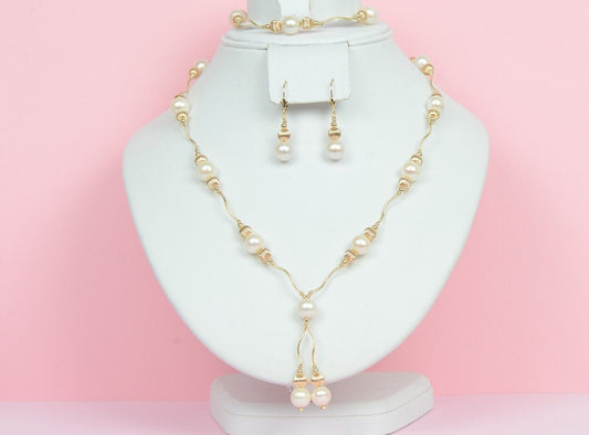 14k Yellow Gold Genuine White Pearls 3pcs Women Set:Necklace, Bracelet, Earrings