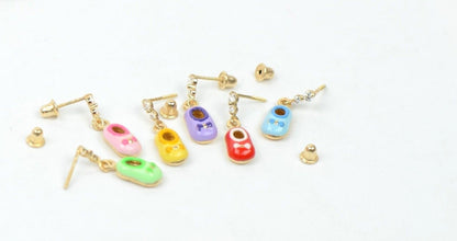 14K Solid Yellow Gold Baby Shoe Enamel Dangle Screw Back Earrings