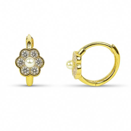 14K Yellow Gold Flower Shaped CZ Huggies Earrings for Women