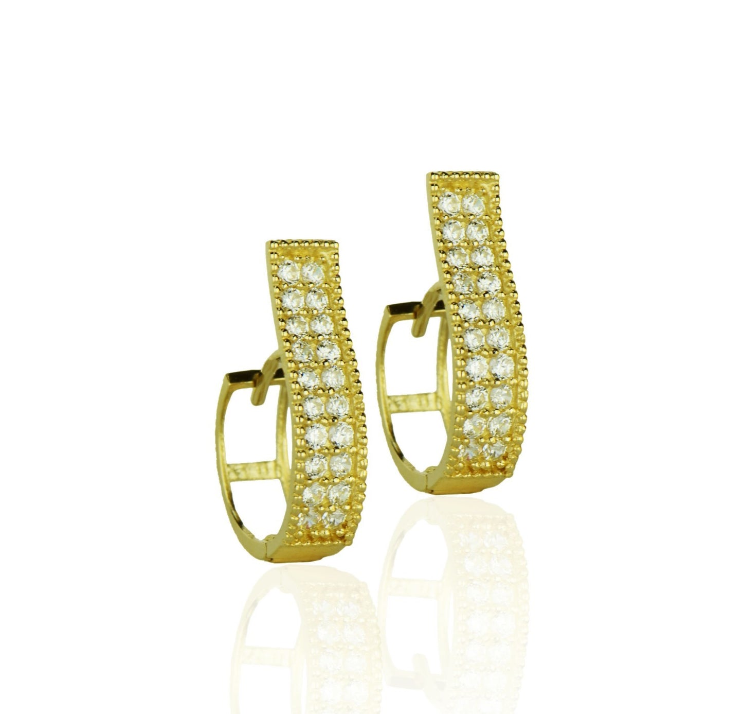 14k Yellow and White Gold Two Row CZ Pave Set Huggie Hoop Earrings