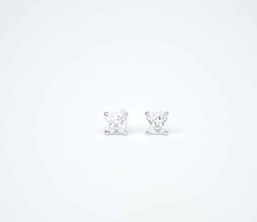 14k White Gold Square Princess Cut CZ Stud Earrings with screw back 3-7mm