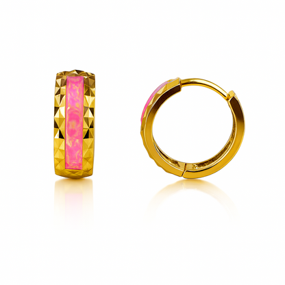14k Yellow Gold Hot Pink Opal Huggie Hoop Earrings
