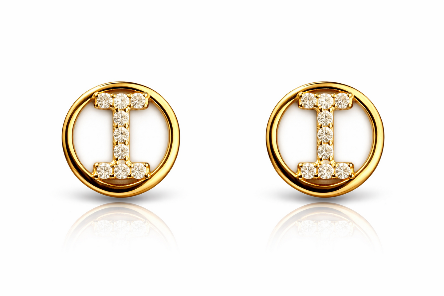14k Yellow or White Gold Round Initial Letters CZ Stud Earrings