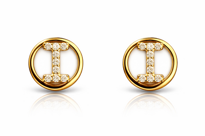 14k Yellow or White Gold Round Initial Letters CZ Stud Earrings