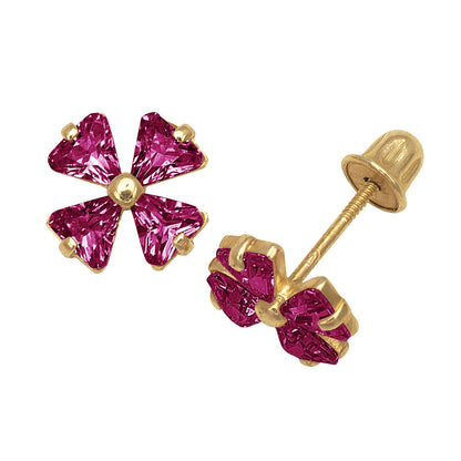 14k Yellow Gold CZ Flower Birthstone Stud Screw Back Earrings
