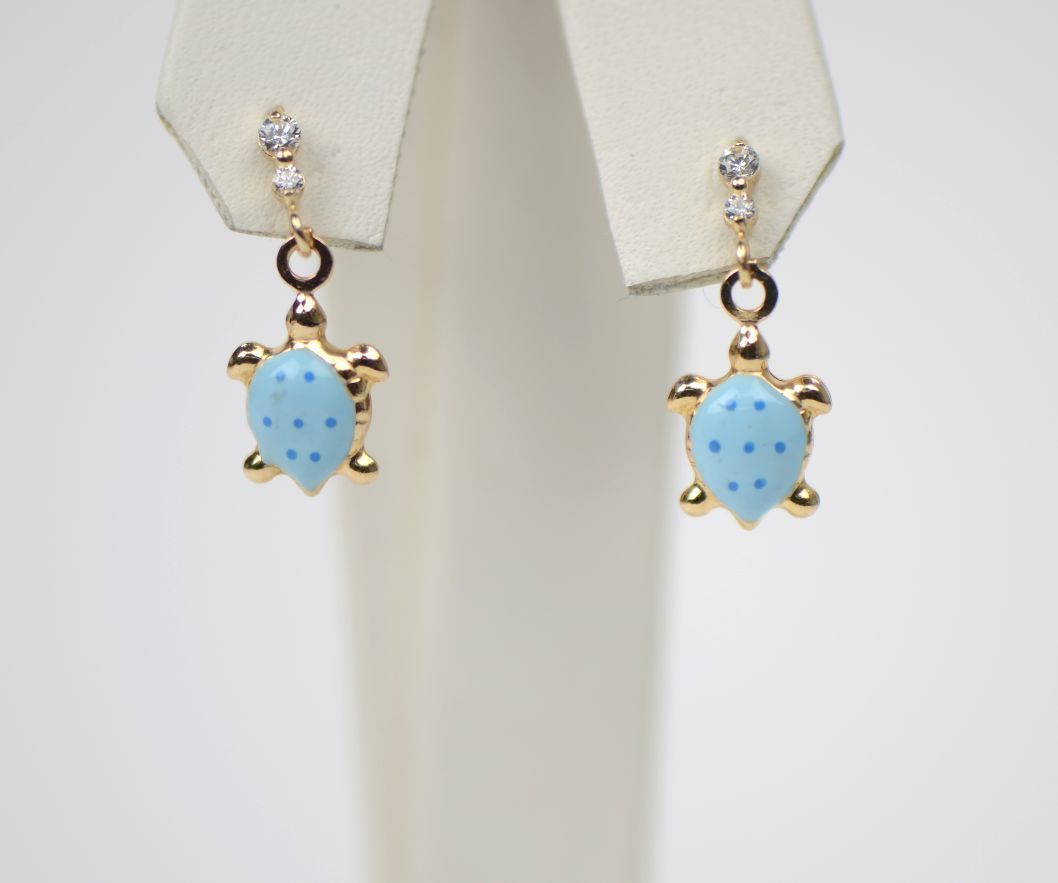 14K Solid Yellow Gold Turtle Enamel Dangle Screw Back Baby Earrings