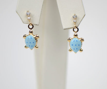 14K Solid Yellow Gold Turtle Enamel Dangle Screw Back Baby Earrings
