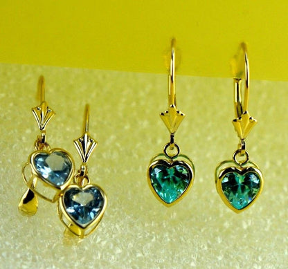 14k Yellow Gold Bezel Heart Birthstone Dangle Leverback Pierced Earrings  6x6 MM