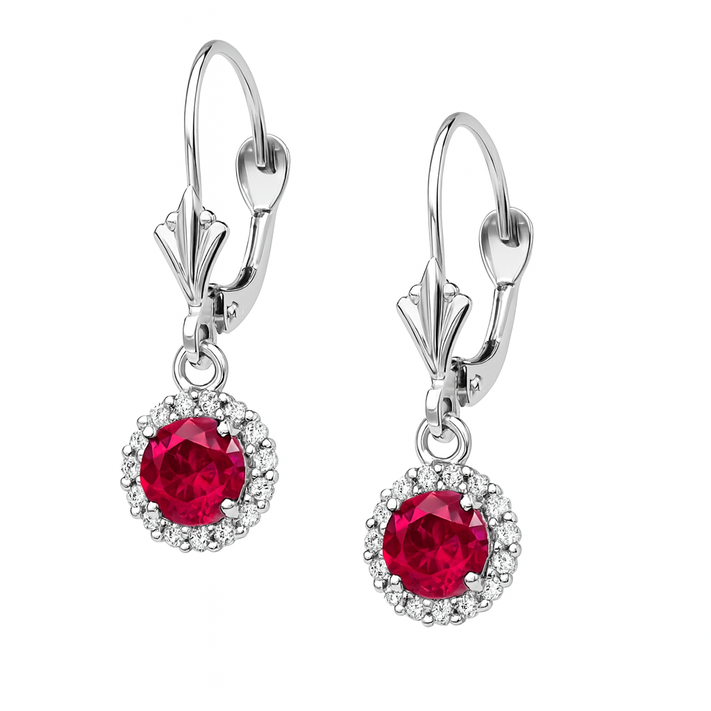 14k White Gold Halo Dangle Round Leverback Pierced Earrings Birthstone