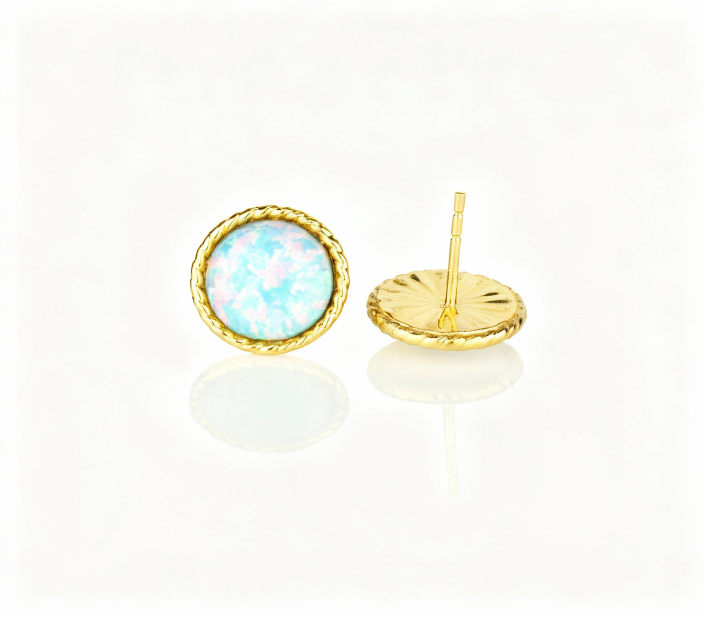 14K Yellow & White Gold Flat Opal Pretty  Stud Earrings for Women