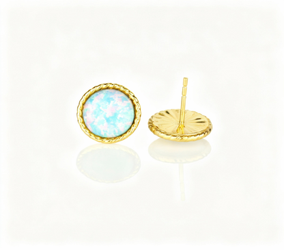 14K Yellow & White Gold Flat Opal Pretty  Stud Earrings for Women