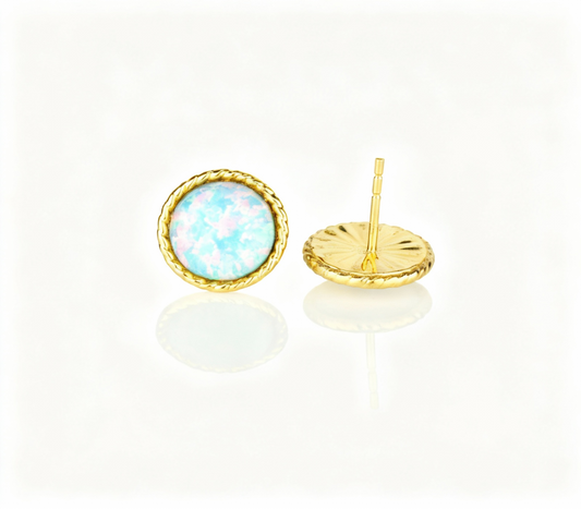 14K Yellow & White Gold Flat Opal Pretty  Stud Earrings for Women
