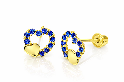 14K Yellow or White Gold Double Heart Stud Earrings with CZ  (Cubic Zirconia)