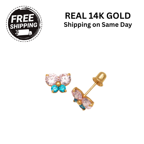 14k Yellow & White Gold Cubic Zirconia Butterfly Screw Back Earrings For Kids