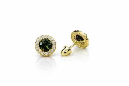 14K Yellow Gold Halo Stud Screw Back Earrings