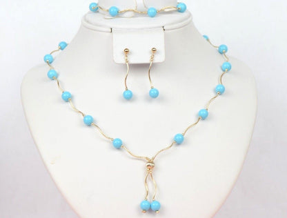 14k Yellow Gold Turquoise beads 3pcs Set: Necklace, Bracelet, Earrings