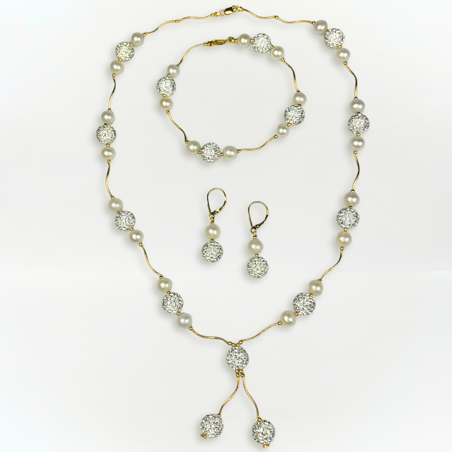 14K Yellow Gold Beautiful Freshwater Pearl Set with Czech Crystal for Women