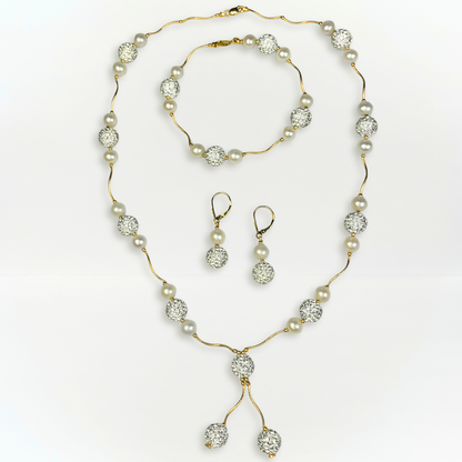 14K Yellow Gold Beautiful Freshwater Pearl Set with Czech Crystal for Women