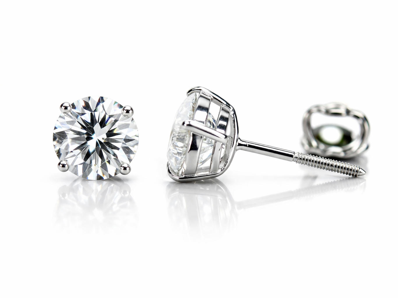 14k Heavy Basket White Gold Round AAA Quality CZ Stud with Screw Back