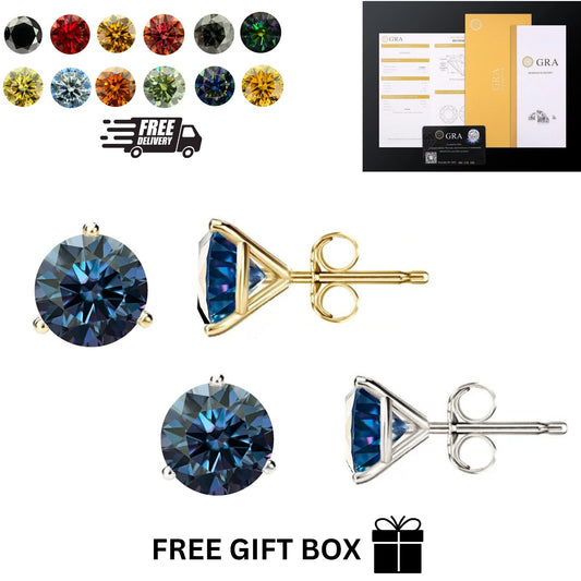 14K Gold GRA CertifiedD-VVS1 Colored Moissanite Martini PushBack Stud Earrings