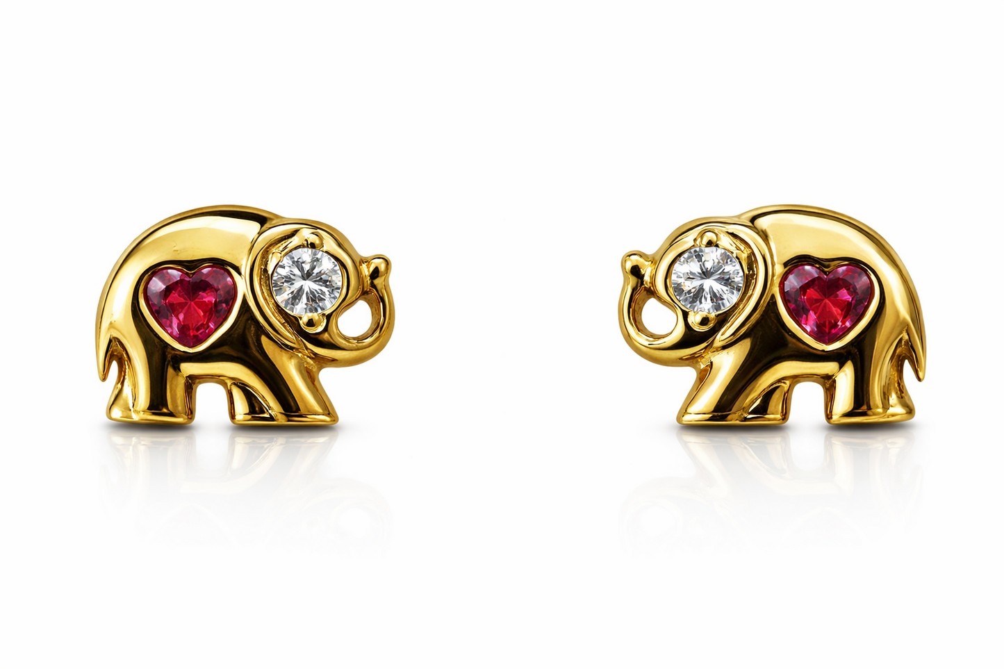 14k Yellow Gold Elephant CZ Heart Stud Earrings Screwback