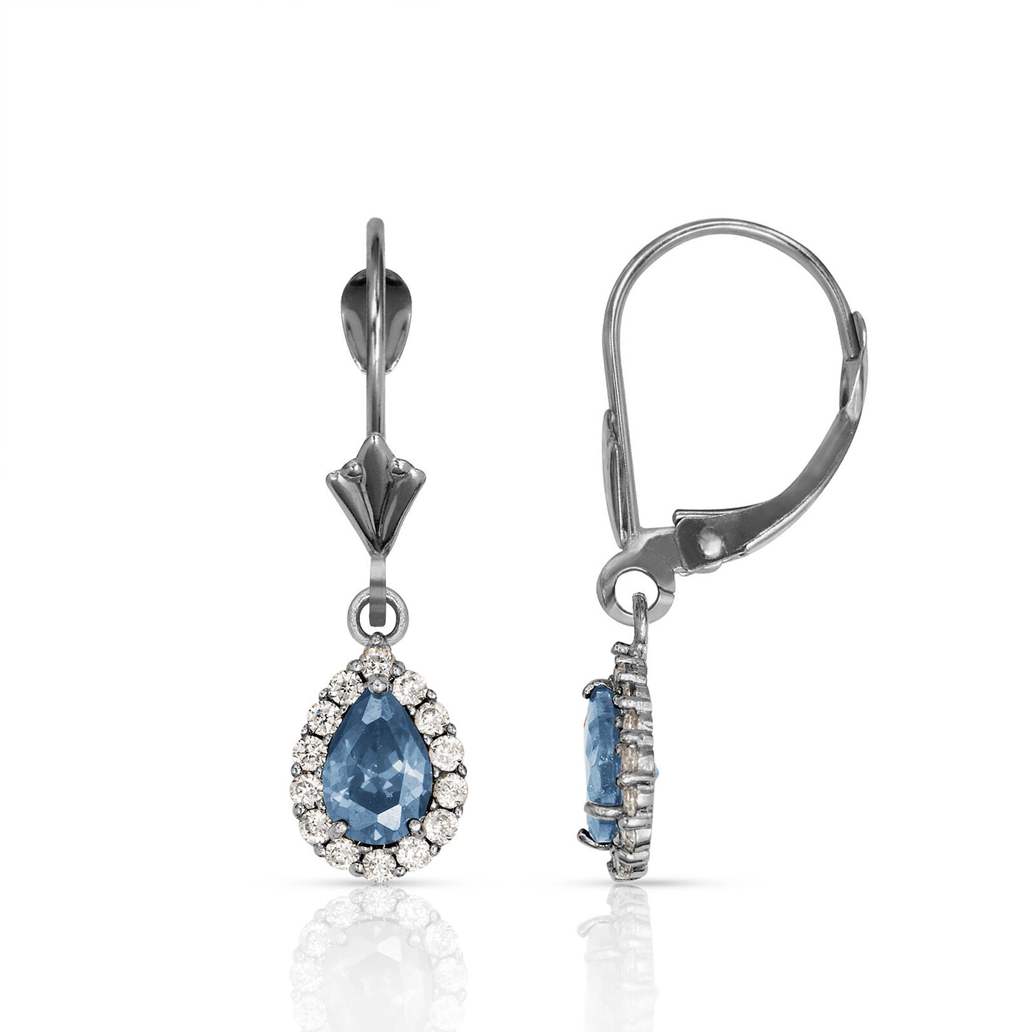 14k White Gold Halo CZ Tear Drop Dangle Leverback Earrings