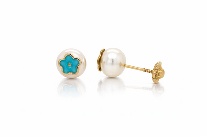14k Yellow Gold Enamel Flower With Genuine Pearl Screw Back Stud Earrings