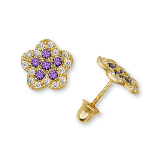 14K Yellow & White Gold Beautiful CZ Flower Earrings for Girls