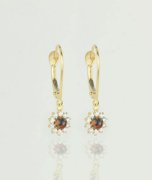 14k-Yellow-Gold-Opal Flower-CZ-Dangle-Earrings