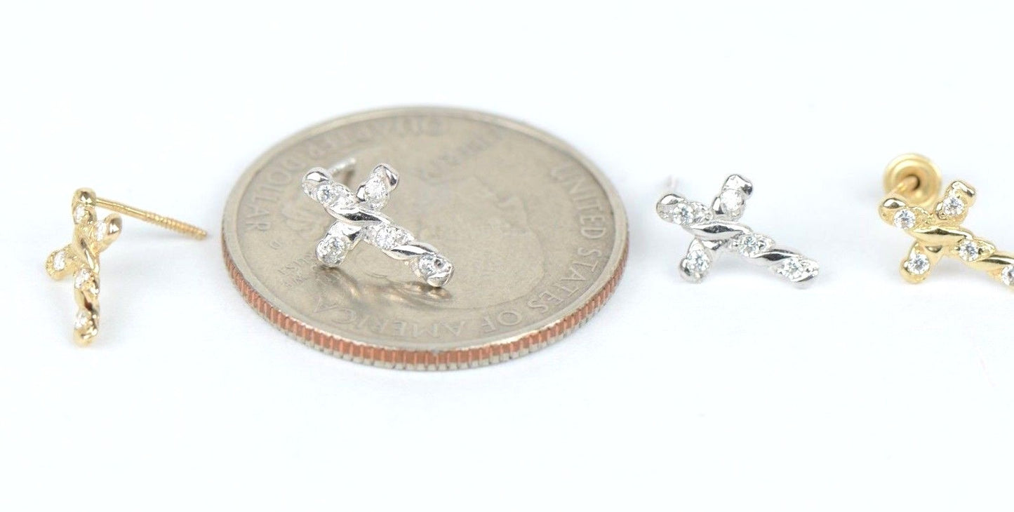 14K Yellow White Gold Cubic Zirconia CZ Cross Earrings