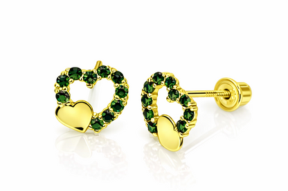 14K Yellow or White Gold Double Heart Stud Earrings with CZ  (Cubic Zirconia)