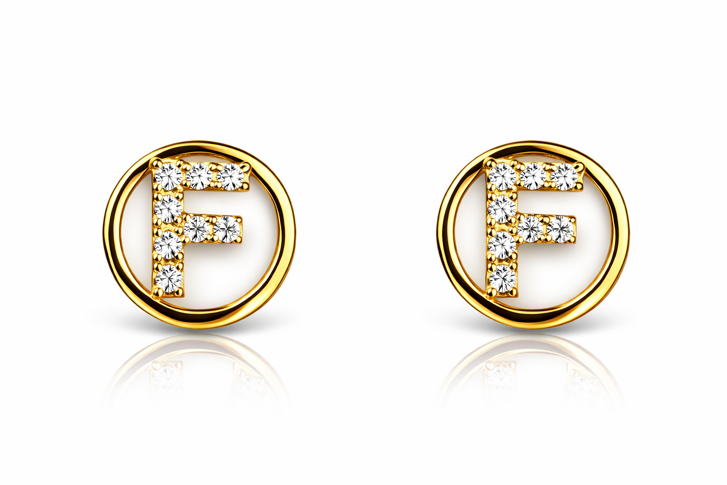 14k Yellow or White Gold Round Initial Letters CZ Stud Earrings