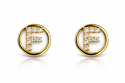 14k Yellow or White Gold Round Initial Letters CZ Stud Earrings