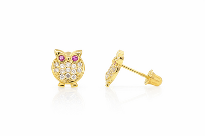 14k Solid Yellow or White Gold Owl Screw Back Stud Earrings with CZ
