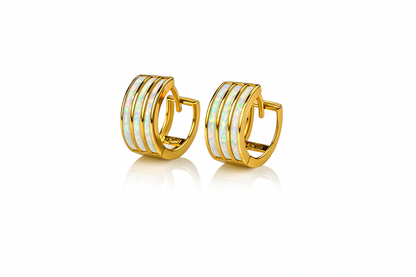 14k Yellow Gold Triple Row White Opal Huggie Hoop Earrings