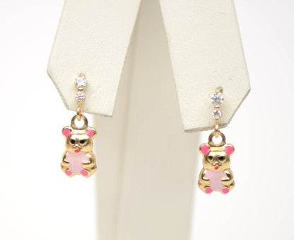 14K Solid Yellow Gold Teddy Bear Dangle Earring with Enamel
