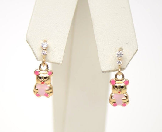 14K Solid Yellow Gold Teddy Bear Dangle Earring with Enamel
