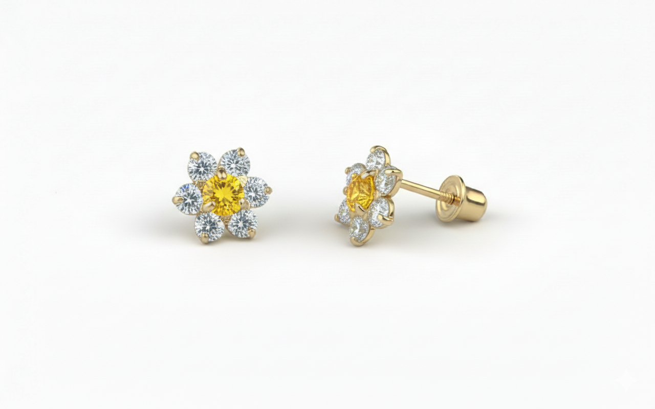 14K Yellow Gold Beautiful Flower CZ Stud Earrings for Women
