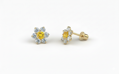 14K Yellow Gold Beautiful Flower CZ Stud Earrings for Women