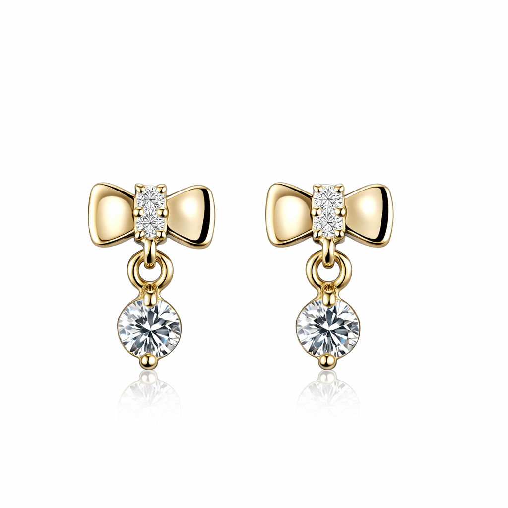 14k Solid White or Yellow Gold Bow Tie Stud Earrings with CZ