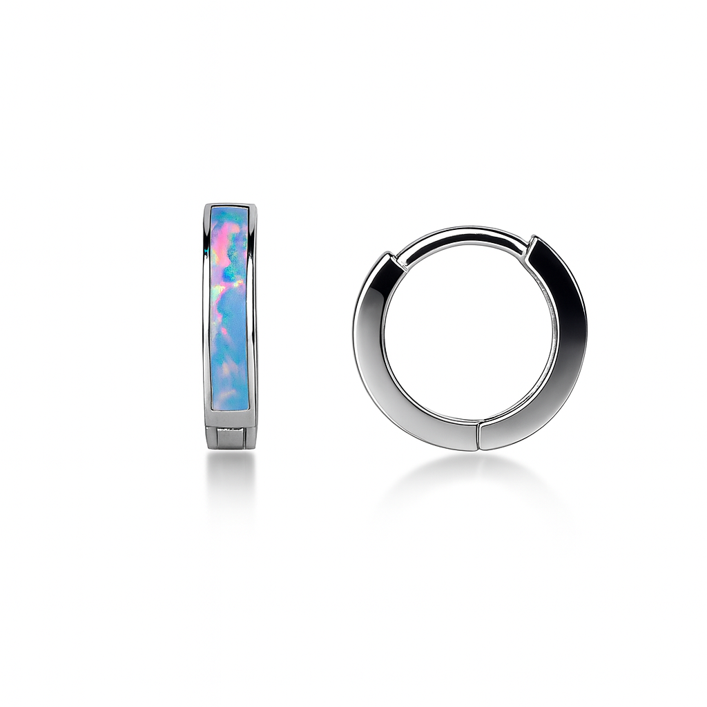 14k White Gold One Row Light Blue Opal Huggie Hoop Earrings