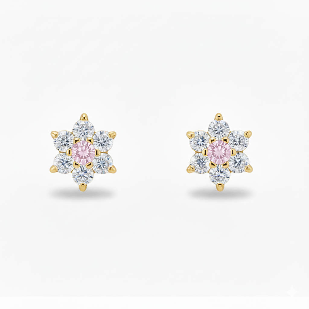 14K Yellow Gold Classic Flower CZ  Stud Earrings for Women