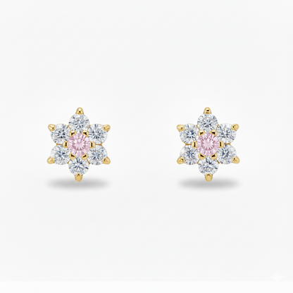 14K Yellow Gold Classic Flower CZ  Stud Earrings for Women