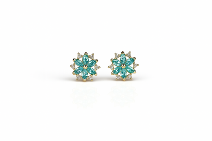 14K  Yellow Gold Beautiful CZ Flower Stud Earrings for Women