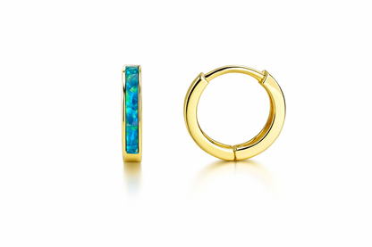 14k Yellow Gold One Row Dark Green Opal Huggie Hoop Earrings