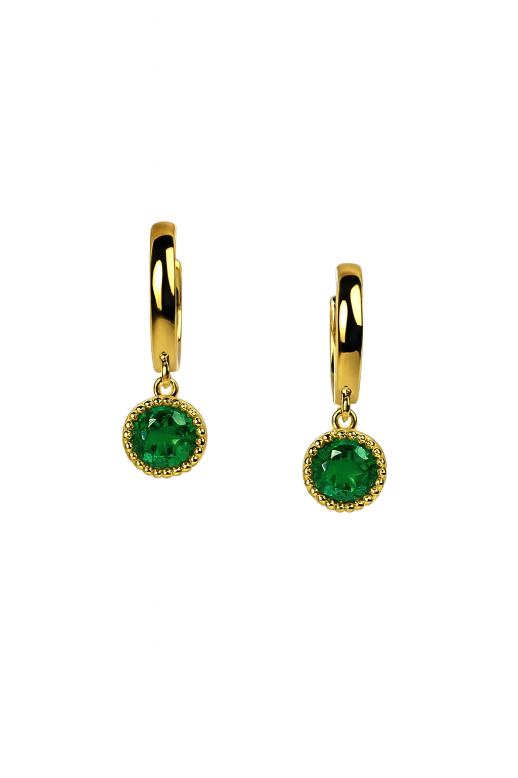 14k Yellow Gold Dangle Round Birthstone Huggie Earrings